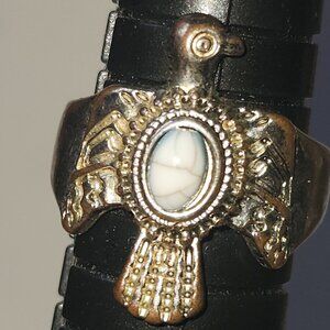 Vintage Warrior Sword & Shield Ring with Faux Turquoise Cabochon – Size 7.75